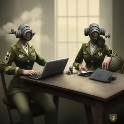 cute girls sitting at the computer in military gas masks. one of the girls is sticking out of the channel