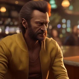 wolverine sitting at a bar, illumination, brilliant coloring, smooth, sharp focus, crispy quality, vray; Artstation; HD, HDR, SF, CGSociety, 16k, photorealistic, unreal engine