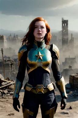 ultrarealistic, ruined city,__skimpy sci-fi armor__, __angles__, 18 year old woman, strikingly beautiful,ginger hair, _colour_, [__starlets__|__starlets__], (pale __skincolor__ skin:1.2), __camera__, _hair_, detailed face and eyes, medium breasts, leather choker, freckles, dynamic pose, resolved expression, __accessory__, strappy outfit, (straps:1.1), sword in scabard on left hip, (buckles, buttons, snaps, rings:1.0), haltertop style breastplate, detailed eyes, plump lips, sci-fi theme