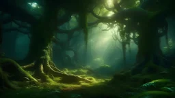 A lush, verdant fantasy forest with towering, twisted trees and glowing, ethereal foliage. The scene has an otherworldly, dreamlike quality, with a sense of mystery and enchantment.