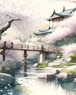 A serene Japanese Zen garden with a gently flowing stream, cherry blossoms, and traditional architecture, in the style of watercolor painting, soft pastel colors, peaceful atmosphere, 4K resolution