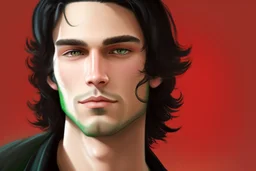 a young male with shoulder length black hair and green eyes, smirk