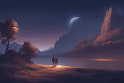 Concept art,Beautiful and romantic landscape at night, couple hugging each other