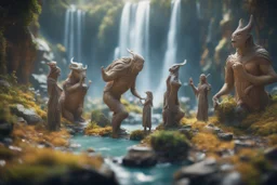 archeologists discovering woodland creatures in Rivendell worshipping big fat alien statues and idols, on a strange planet with weird colors and waterfalls, bokeh like f/0.8, tilt-shift lens 8k, high detail, smooth render, down-light, unreal engine, prize winning