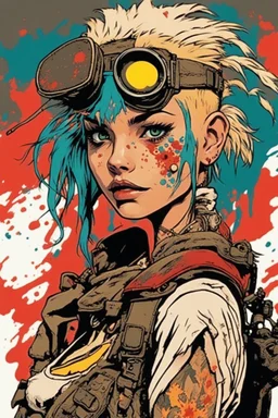 In the dimly lit cavern of the underground bunker, Tank Girl stood as a vibrant and untamed force of nature. Her appearance was a riot of color and defiance, a living embodiment of the underground spirit. Tank Girl's hair, a shock of wild crimson and turquoise, cascaded around her like a cascade of fire, defying gravity with its unruly exuberance. Her piercing eyes, a kaleidoscope of mischief and rebellion, sparkled with a manic energy that could ignite a room. She wore a hodgepodge of garments,