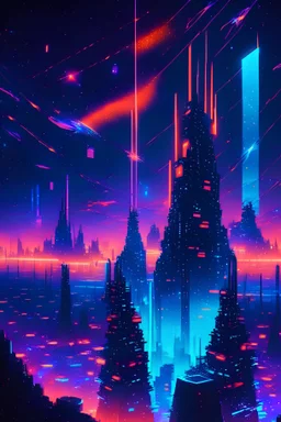 A sparkling city of glass and neon towers, hovering over a sea of stars, Cyberpunk, Digital Illustration