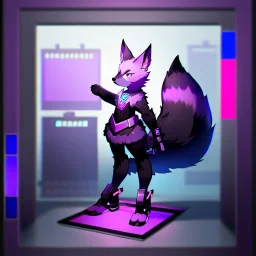 a fox fursona, darker colors, master quality, backlighting, soft lights, full body portrait, in frame, 8k, furry, fur, black and purple color pallet, robotic arm, cyberpunk, anthropomorphic