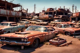 Fotorealistisch endloser menschenleerer Schrottplatz mit aufeinander gestapelten verrosteten Autowracks zahlloser Muscle Cars und Pony Cars zwischen 1964 und 1971 im warmen Sommerlicht