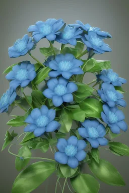 a bunch of blue flowers with green leaves, a digital rendering by Kanzan Shimomura, cgsociety, photorealism, rendered in maya, daz3d, photorealistic