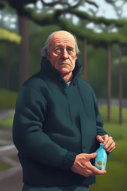 A very sad man begging for money, cartoon style Simon Stålenhag