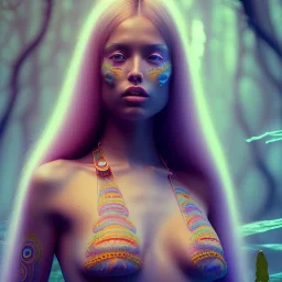 maori woman called labia in magical forest, long hair, upper body, psychedelic bikini, bright colours,face, magnificent, majestic, highly intricate gigantic, Realistic photography, incredibly detailed, ultra high resolution, 8k, complex 3d render, cinema 4d, movie poster