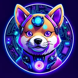 Draw a circular logo of a Shiba Inu cartoon cybernetic puppy, purple colored fur, a blue LED on its forehead and electronic circuits around it.