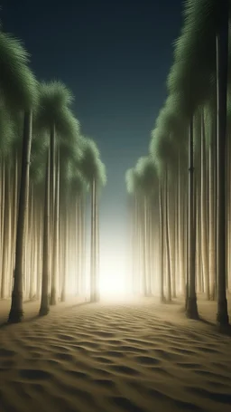 realistic photo of a tall bamboo trees in a landscape covered in sands that looks futuristic with futuristic lighting
