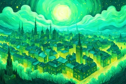 Create a magical cityscape, with a detailed, imaginative depiction in the style of Vincent Van Gogh, using acrylic material, illuminated by dreamy haze, featuring mint green colors, an aerial perspective, high detail quality, --v 1.