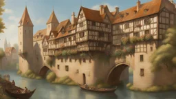 medieval buildings with balconies overhanging a river, blue sky and people, photorealism, trees, foliage, piers, intricate detail, ultra-sharp image, sharp focus