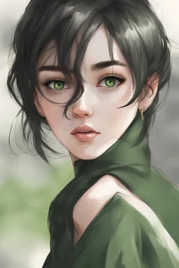 photo réaliste d'une jolie fille cheveux très noir yeux verts