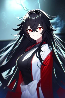 girl, masterpiece, best quality, cinematic lighting, detailed outfit, vibrant colors, perfect eyes, red eyes, long hair, black hair, messy hair, hair between eyes, depth of field, ray tracing, lightning magic, angry, smile,