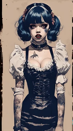 Poster in two gradually, a one side malevolent goth vampire girl face and other side the Singer Melanie Martinez face, full body, painting by Yoji Shinkawa, darkblue and sepia tones,