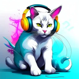 Illustrative sketch of cat in music with headphones, full body, ultra quality, hyper detailed, graffiti, concept art, maximalism, 8k