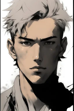 Portrait of a young male with short black hair, and tan skin color, drawn in Yoji Shinkawa style, black and white with a gray background.