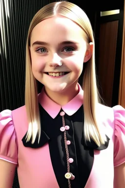 wednesday addams pink dress blonde hair and smiling