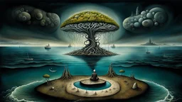one alone human sitting on deep dark colors little island on big ocean, next the island close alone human there is beautyful landscape with with cites and with many humans, . normal neurotipical lifes contrast the weird inner world with neurodivergens soul and mind,, Whimsical strange style of Chagall, of Bosch of giger and Anton Semenov. weird absurd beauty nightmare, in background neuronic network and normal landscape Whimsical surreal vibe, cinematic