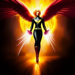 Ultra detailed fullbody Portrait in oil on canvas of X-men -beautiful phoenix on fire,extremely detailed digital painting,ultrarealistic skin,intense stare, extremely detailed face, crystal clear eyes, mystical colors ,perfectly centered image, perfect composition, rim light, beautiful lighting,masterpiece ,8k, stunning scene, raytracing, anatomically correct, in the style of uncannyknack and Ohrai Noriyoshi and robert e howard and Steve Jung and Wizyakuza and Simon Bisley.