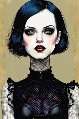 Create and fine print portrait illustration of a Goth Girl ball jointed porcelain doll, with finely lined and detailed facial features, short cropped hair, in a ragged gothic dress, fishnet stockings ,battered combat boots, , in the graphic novel style of Bill Sienkiewicz, and Jean Giraud Moebius, precisely drawn, colored and inked