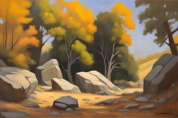 Rocks, trees, 2000's sci-fi movies influence, friedrick eckenfelder impressionism painting