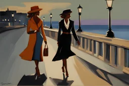 two elegant women walking at night on a sea promenade, by artist "Ingrid Umber", by artist "Sienna Lamberts