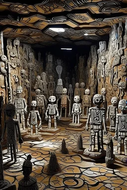 A tan underground crystal empire designed in Javanese shadow puppets painted by Jean Dubuffet