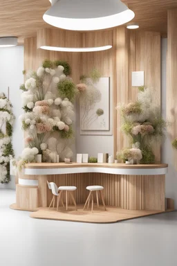 Corner exhibition stand in light colors with wood elements and floristry with two meeting areas