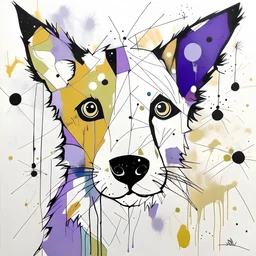 A colorful, abstract and minimal painting of a dog with exaggerated features. The dog has large eyes, a patchwork of gold, purple and tan fur, with black outline details giving a scribbled effect. the image is in the middle of a white canvas. The background should be clean and mostly white, with subtle geometric shapes and thin, straight lines that intersect with dotted nodes. The style is expressive and textured, reminiscent of outsider art.