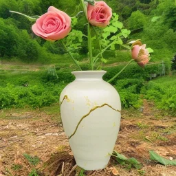 photo of a small cracked ceramic vase repaired with gold, kintsugi, lush greenery, natural setting, beautiful landscape photography, beautiful, vines and leaves, rosebuds, delicate, cinematic, high detail, beautiful composition, delicate arrangement, aesthetic, soft lighting, award winning photography, tender