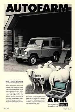 nike print ad from the 80s, mcdonalds ad from the 80s, mac computer ad from the 80s, featuring a landrover being fixed at a farm. sheep are all over the place, company name in bold (AUTOFARM), nike print ad style, mac computer ad from the 80s, so so so so super sexy 1950s print advertisement