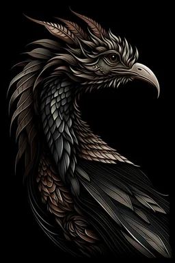 Portrait of a feathered dragon, art deco style, black background