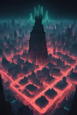 a dystopian city from extreme distance in the shape of an image of Moloch, neon