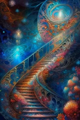 intergalactic ladder, ice and flame, stardust, glitter, shimmer, fractal of smoke, clear drawing, full detail, space, frost, transparency, ornate, infinity, epoxy resin Beautiful staircase in flowers and butterflies. She goes out into the starry sky. Planets. Moon. The sun. It is picturesque and colorful. Openwork railings. The bright colors of the ring. Fantasy. Shimmer exquisite luxury chic aesthetics photo harmony Professional photo 64 thousand pixel graphics High detail Bright lighting