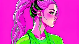vaporwave girl, high pigtails, hair is green and pink,