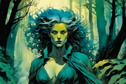 create a wildly conceptual closeup full body print illustration of a feral female mage with highly detailed hair and feminine facial features, in an ethereal, otherworldly ,ancient summer forest , in the comic book art style of Bill Sienkiewicz, Mike Mignola, Sparth, and Jean Giraud Moebius, finely textured, drawn, colored, and inked, suffused with dramatic natural light and shadow of sunset