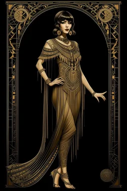 Full Body, Art Nouveau Woman With A Bob With A Fringe Hairstyle, Cleopatra Clothing, Steampunk, Black Background