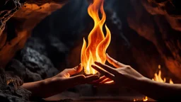 close-up of nature female hands holding a mystical flame, in the background a dark sinister cave, the inside of the cave is illuminated by the flame with dark yellow light,, close shot, detailed, high realistic, perfect photo, dramatic