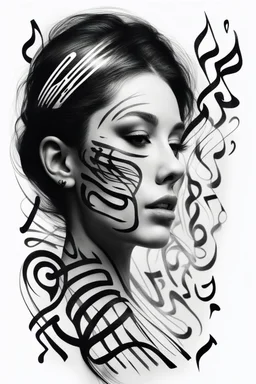 A realistic drawing in negative space black ink on white background of a musical notes and twisted piano keyboard with abstract brushstrokes face tattoos to enhance her face max enrist