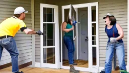 lady angry with male contractor installing the oversized screen door on front porch