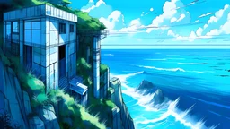 anime painting, grey concrete structure on a cliff, coastal view, contemporary, high contrast, cell shading, strong shadows, vivid hues, azure ocean, lush vegetation, tropical, cosy