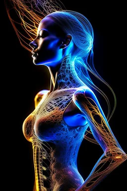 Ultra detailed illustration of the silhouette of a woman from Bali, phantasmagorical figure, (((translucent skin:1.5))), (((translucent body:1.5))), art by Mschiffer, neon lights, light particles, colorful, cmyk colors, backlit,