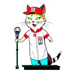 a drawing of a manga cat man with a sports cap and shirt, speaking at a (((lectern))) with a microphone, red, white and black colors, cat white and black colors, microphone in one hand, cat asking