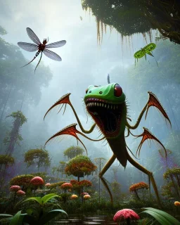 large venus fly trap with teeth eating a dragonfly, flowers, jungle, hyperrealistic, trees in background, digital art, alien like, disgusting, intricate, morbid, rainy, sinister, volumetric lighting, unreal engine, high resolution, 8k, depressing colours,