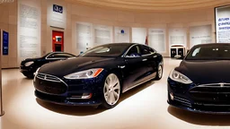 A Tesla's 'Model S Plaid' is doing donuts, inside the 'National Air and Space Museum', in Washington, D.C. CINEMATIC. WIDE ANGLE LENS.