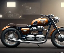 technical design study, oldschool 1960s triumph man over bobber bike, ratrod style, short tailpipe, stylized garage interior background, hdr, uhd, 8k, dof, center camera, perspective view, pivot on triumph, by paul meijering